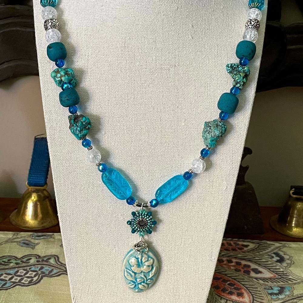 Blue ceramic focal necklace.